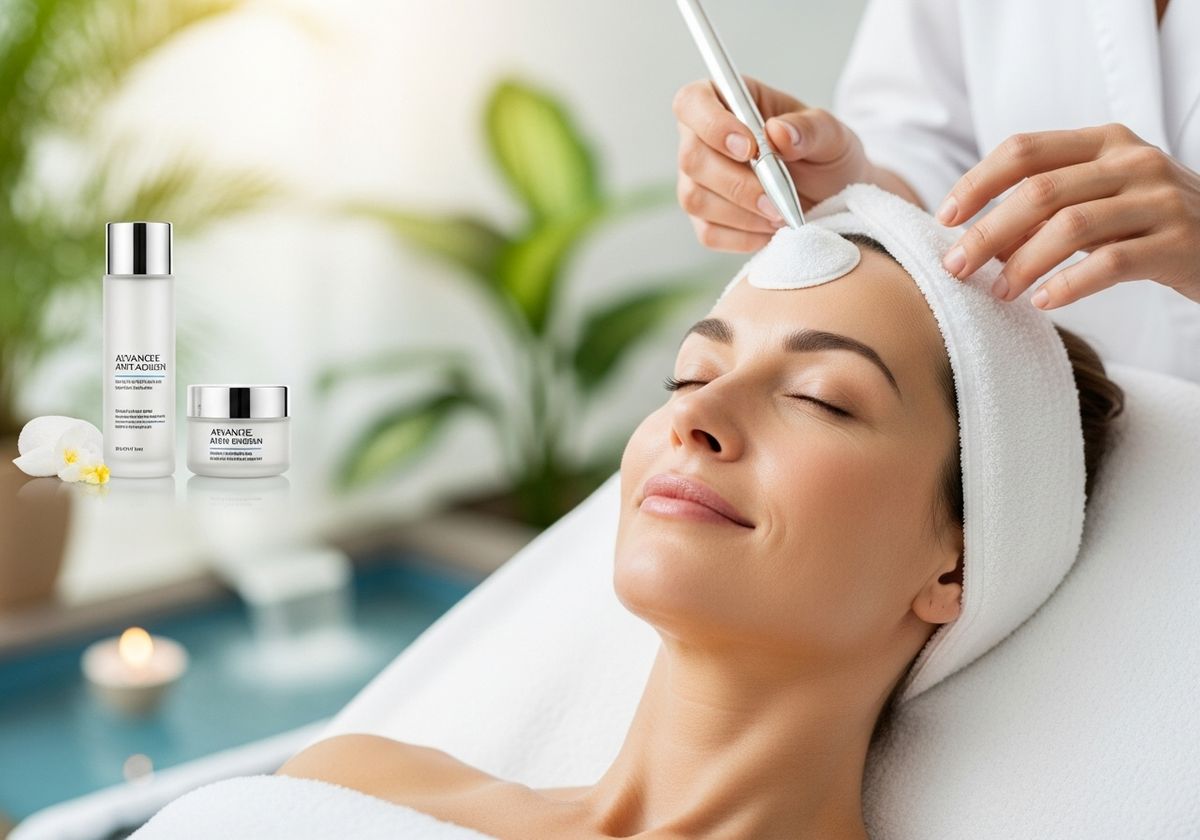 Relaxed woman receiving a facial treatment at a spa, with luxury skincare bottles displayed in the foreground.