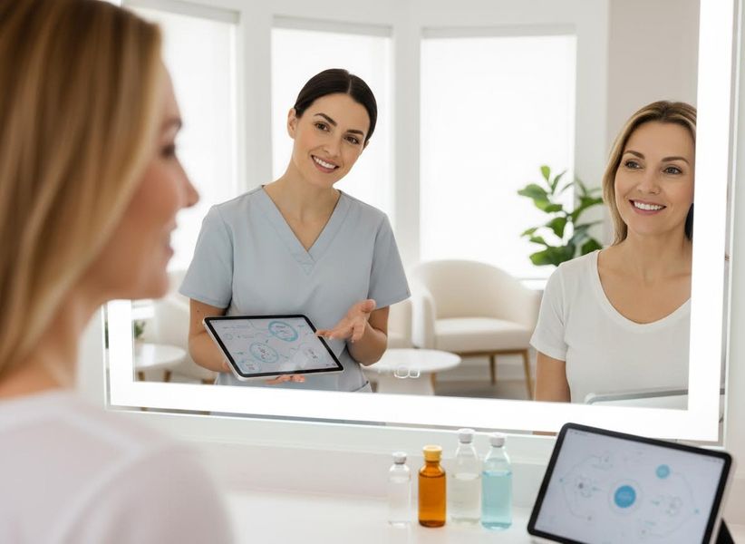 Aesthetician Explaining Skin Analysis to Patient