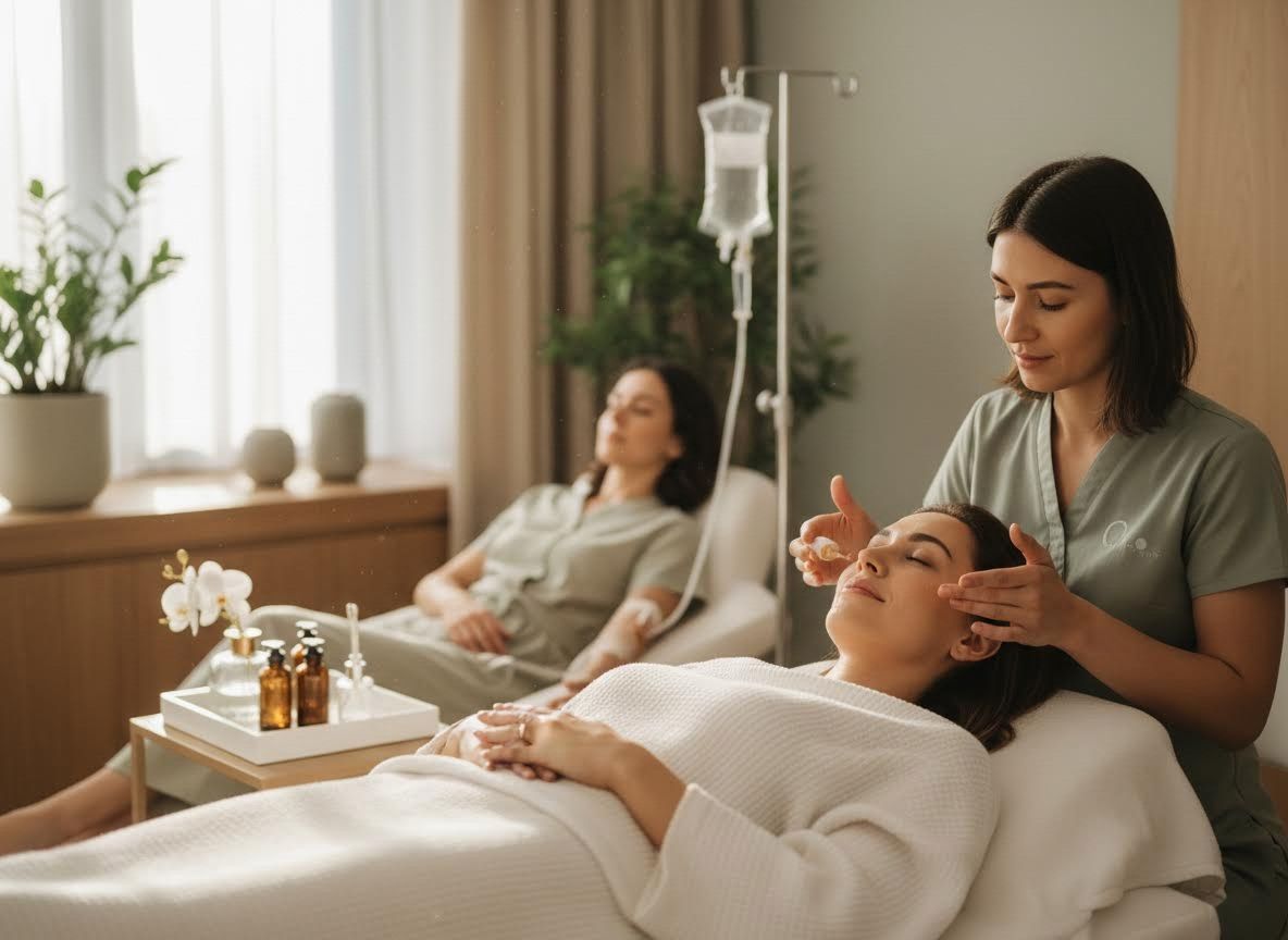 Woman receiving a facial and IV therapy