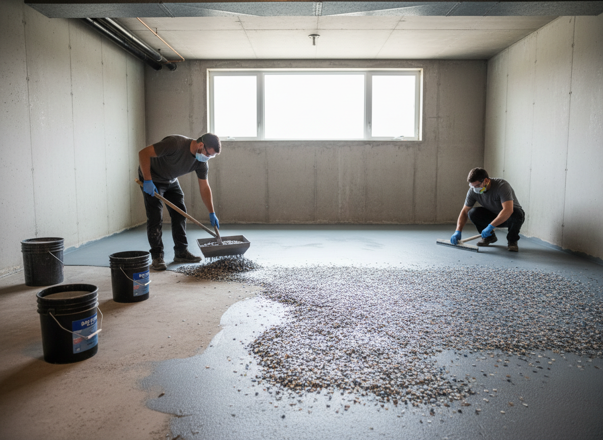 Workers applying epoxy and aggregate floor coating in a room