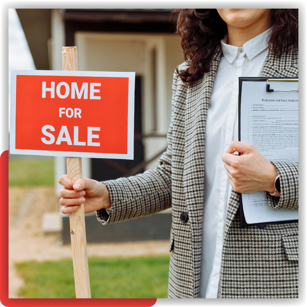 Real estate agent holding a home for sale sign