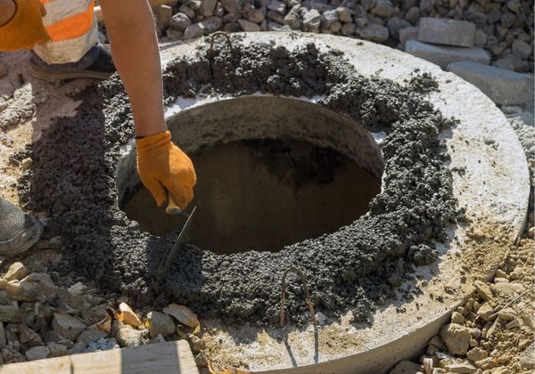 a worker spreading concrete on a sewer top