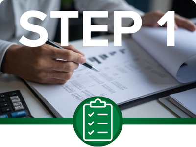 Step 1: You Qualify (check your bill) - Close-up of hands reviewing financial paperwork and a checklist icon.
