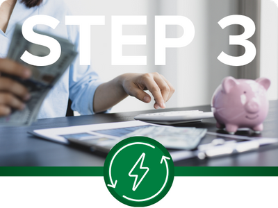 Step 3: You Save Money (We handle the rebate) - Hands counting cash over a calculator and a piggy bank, with an energy cycle icon.