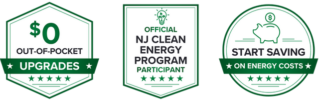 Three trust badges highlighting $0 out-of-pocket, Official NJ Clean Energy Program Participant, and energy savings.