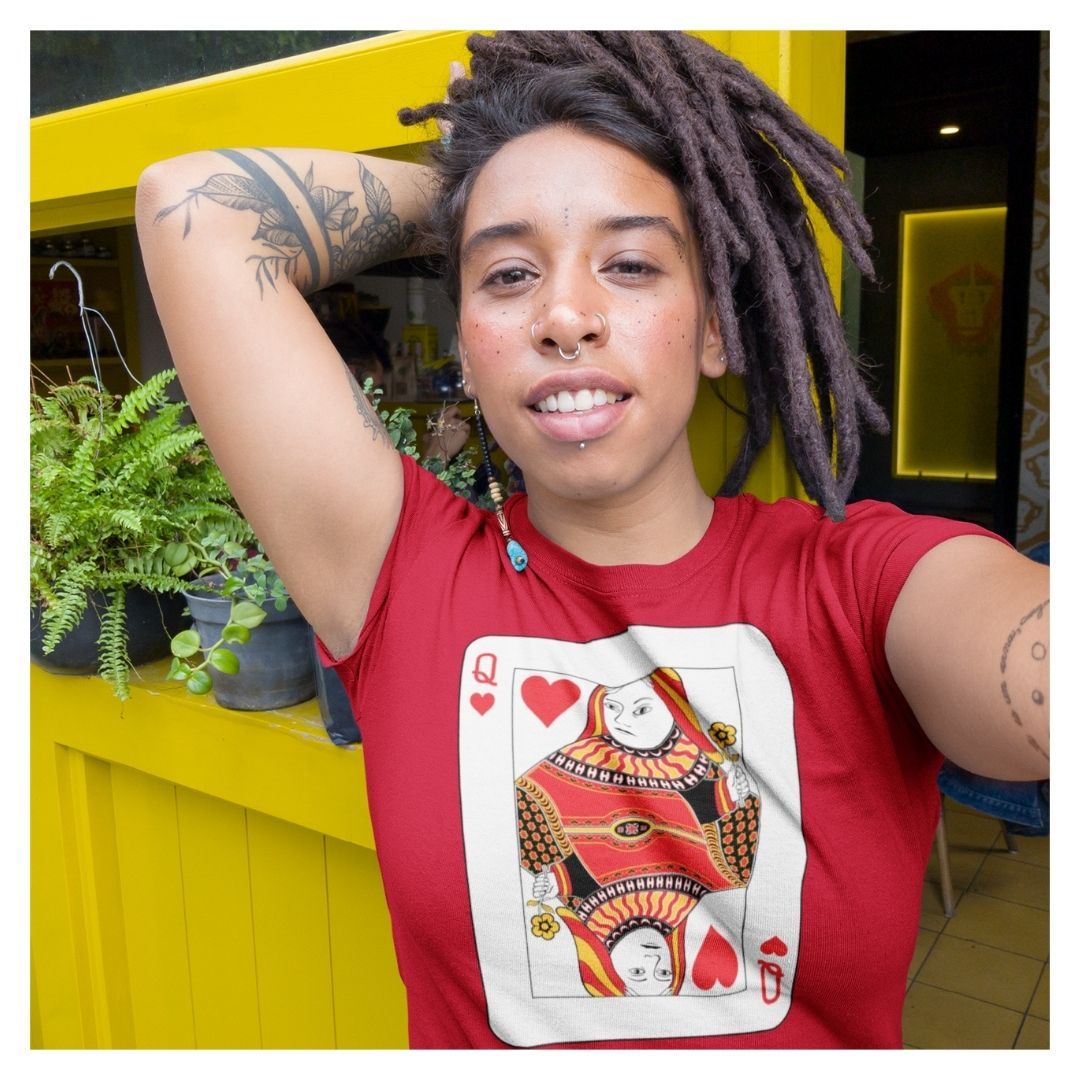 woman wearing queen of hearts graphic tee