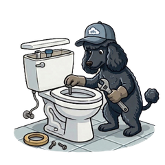 poodle fixing a Toilet