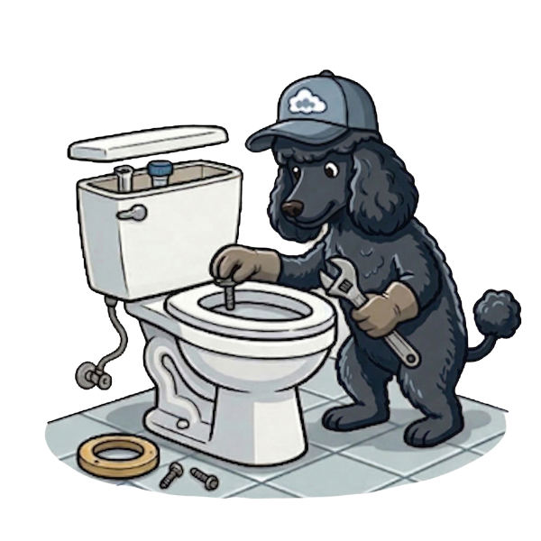 poodle fixing a Toilet