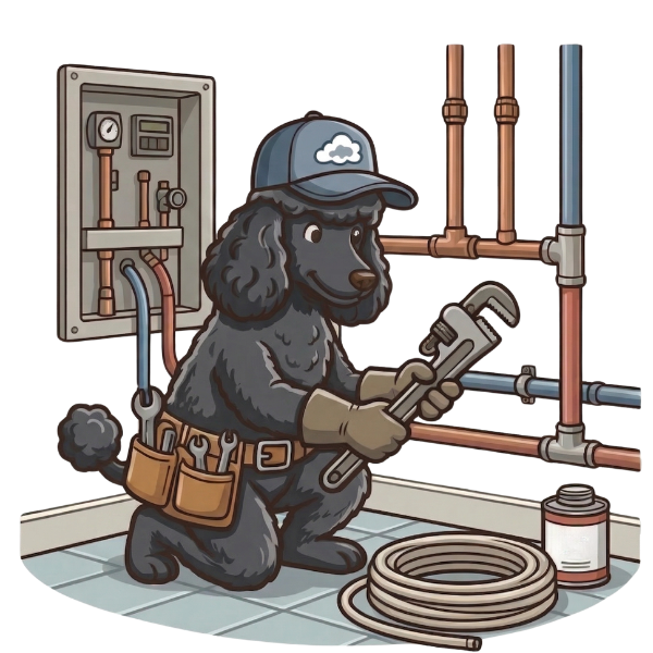 poodle working on the pipes