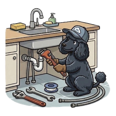 poodle fixing a faucet 