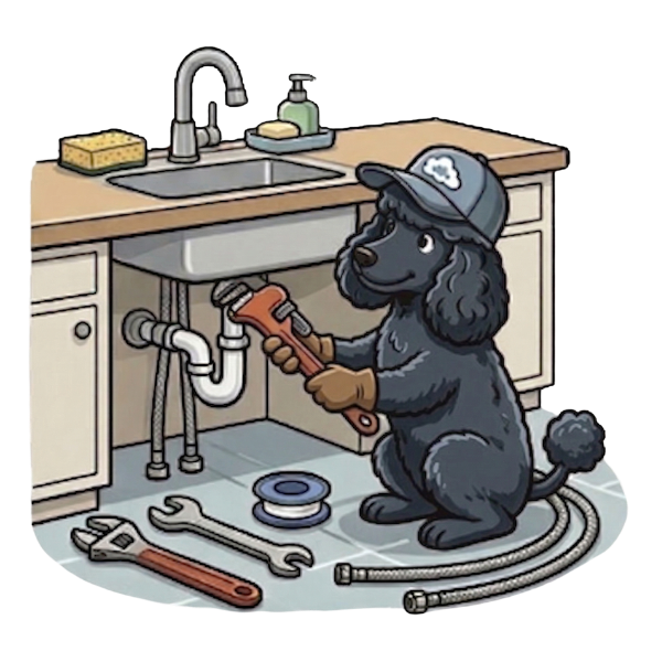 poodle fixing a faucet 