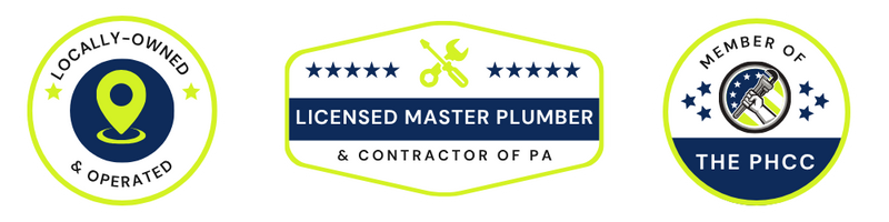 Buddy's Plumbing trust badges: Locally Owned & Operated, Licensed Master Plumber & Contractor of PA, and Member of The PHCC.