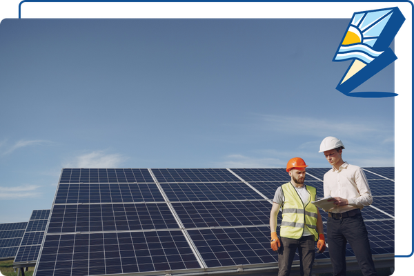 2 people standing on a roof with solar panels