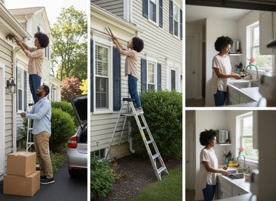A collage showing a couple doing home maintenance. A woman works on a ladder outside, trims bushes, and washes dishes; a man assists with boxes. Couple engaged in various home maintenance and household chores