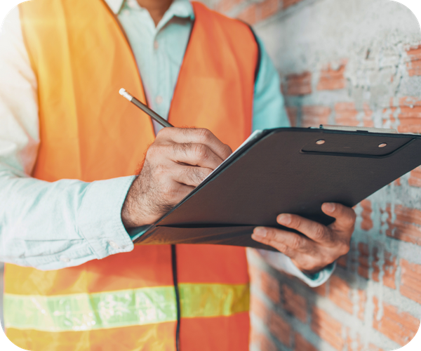 Commercial inspector in an orange safety vest writing notes on a clipboard at a construction site. Commercial inspector in an orange safety vest writing notes on a clipboard at a construction site.