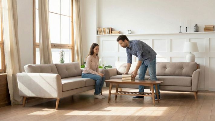 A couple tidying up their living room to prepare for a home inspection