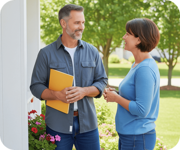 Home inspector, a man with a beard, talking to a female client outside a house, both smiling. Home inspector, a man with a beard, talking to a female client outside a house, both smiling.