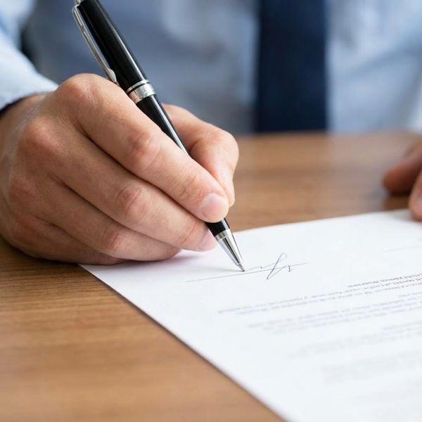 A close-up of a person's hand signing a document with a pen.