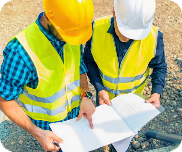 Two construction workers in hard hats and safety vests reviewing blueprints at a job site. Two construction workers in hard hats and safety vests reviewing blueprints at a job site.