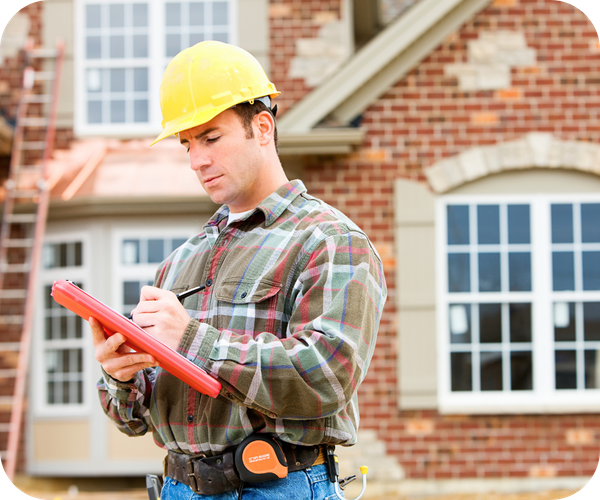 Home inspector in a yellow hard hat writing on a clipboard in front of a brick house.