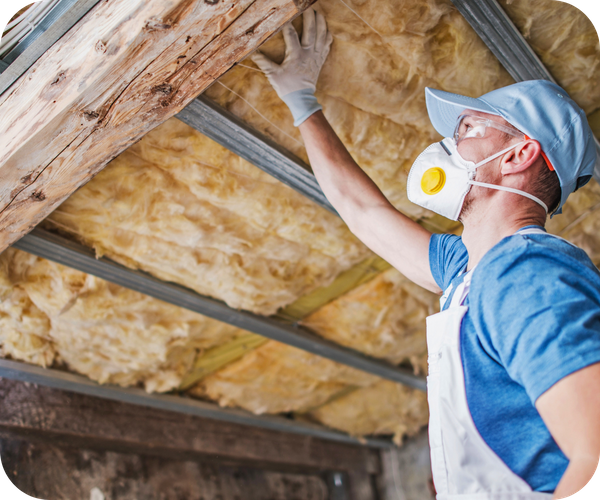 Worker in protective gear and mask inspecting insulation in an attic or ceiling.