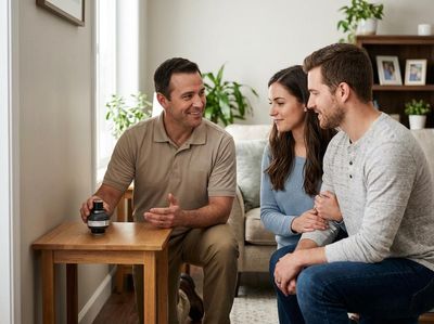 Man demonstrating a device to a couple in their living room