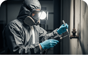 Technician in a hazmat suit and respirator mask performing a test on a pipe, likely for asbestos or lead.