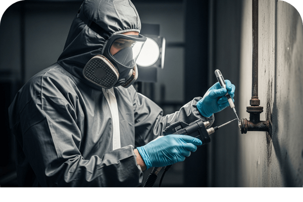 Technician in a hazmat suit and respirator mask performing a test on a pipe, likely for asbestos or lead. Technician in a hazmat suit and respirator mask performing a test on a pipe, likely for asbestos or lead.