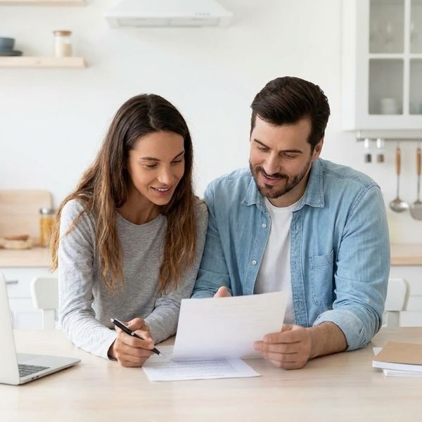 A couple sits together at a table, reviewing a document.