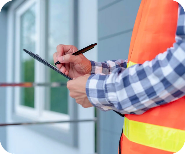 Close-up of hands in a plaid shirt and orange safety vest writing on a clipboard with a pen, outside a building. Close-up of hands in a plaid shirt and orange safety vest writing on a clipboard with a pen, outside a building.