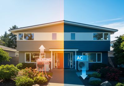 A split image showcases a house equipped with a heat pump system, illustrating heating and cooling functions. The left side highlights the heating aspect with warm hues and upward-pointing arrows, while the right side focuses on cooling with cool tones and downward arrows, demonstrating the dual functionality of modern HVAC technology for home comfort. Heat Pump System for Home Heating and Cooling