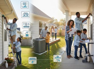 A family performs various home maintenance tasks like gutter cleaning and AC checks, with overlaid icons representing smart home services. Family Home Maintenance and Smart Home Services