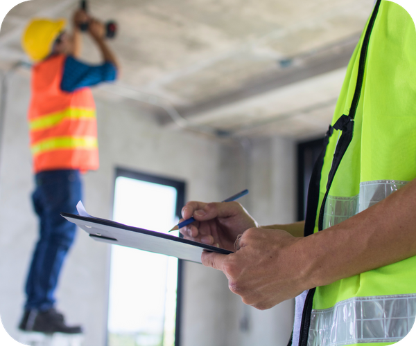 Close-up of an inspector in a safety vest writing on a clipboard, with another worker on a ladder in the background, inspecting a ceiling. Close-up of an inspector in a safety vest writing on a clipboard, with another worker on a ladder in the background, inspecting a ceiling.