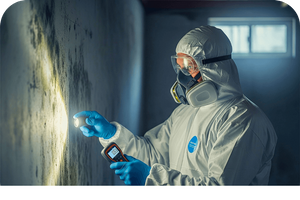 Inspector in a hazmat suit, goggles, and respirator mask using a flashlight and a moisture meter to inspect mold on a wall.