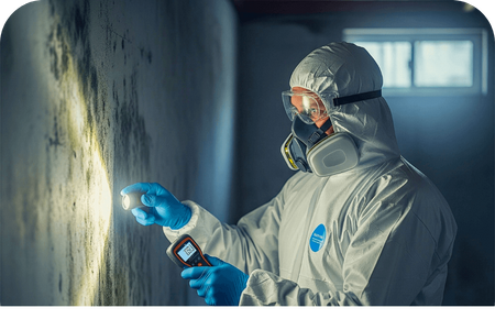 Inspector in a hazmat suit, goggles, and respirator mask using a flashlight and a moisture meter to inspect mold on a wall.
