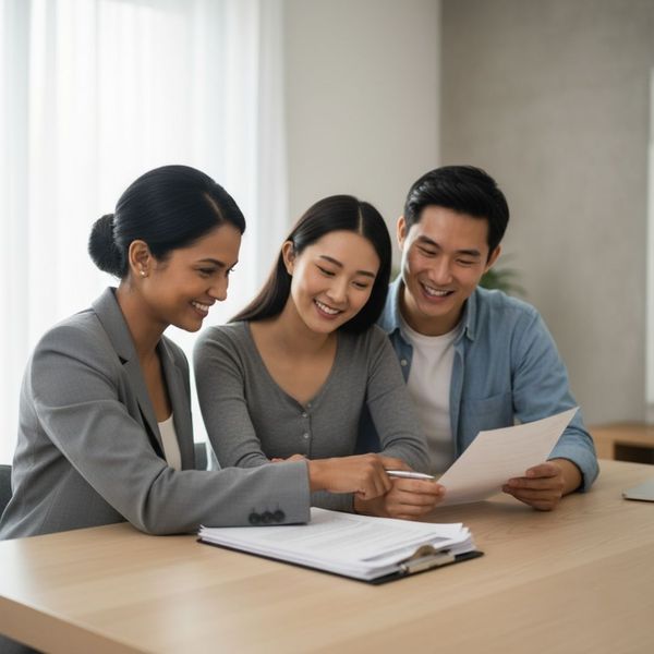 couple looking over paperwork with woman