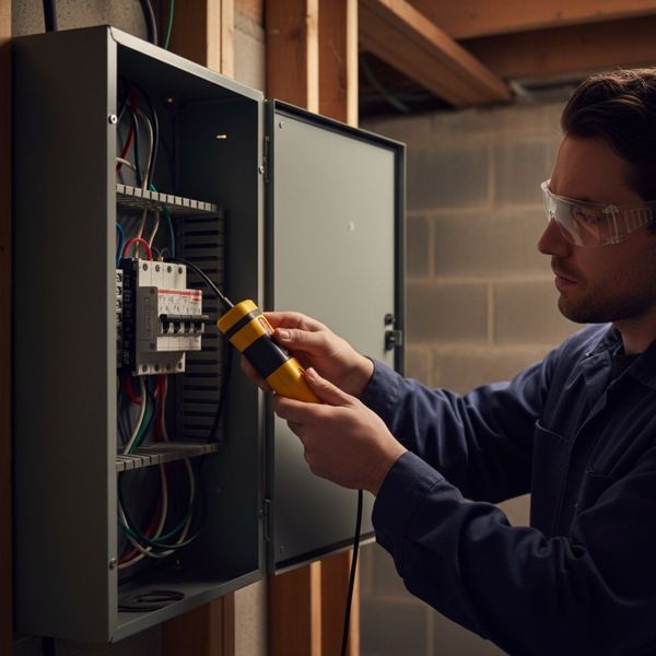 A technician uses a testing device to check an open residential electrical panel. A technician uses a testing device to check an open residential electrical panel.