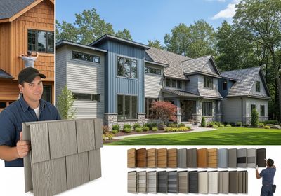 Image showcasing a house with different composite siding styles and colors. A man is holding a siding sample. The lower part of the facade features stonework. House exterior with composite siding