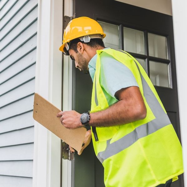 inspector in yellow vest inspecting door frame