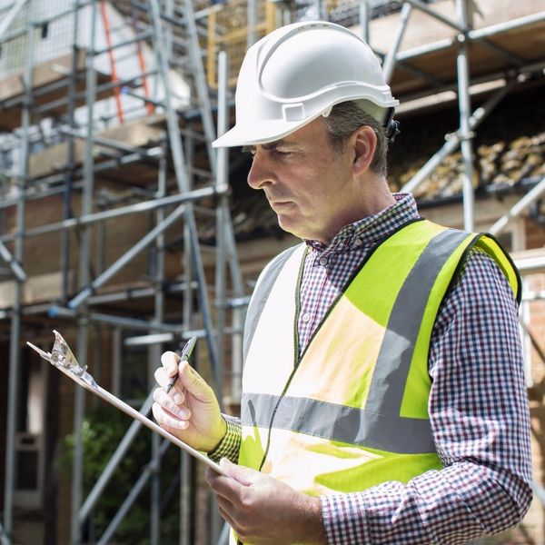 man inspecting building under construction