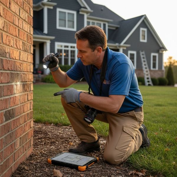 inspector looking at brick wall with flashlight