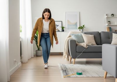 A young woman walks in a living room, seemingly unaware of a long, white cord stretched across the floor, posing a trip hazard. The cord is partially taped down with green tape, but a significant portion remains unsecured. The room is bright and modern, with a gray sofa, a patterned rug, and various decorative plants and wall art. Trip Hazard: Woman Walks Near Unsecured Cord
