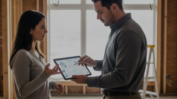 A certified home inspector shows a client details of their report on a tablet screen. A certified home inspector shows a client details of their report on a tablet screen.