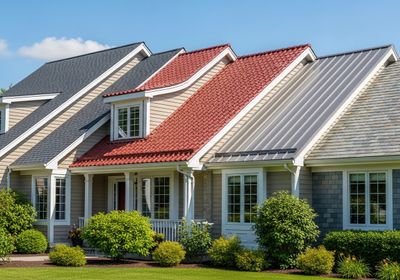 A row of suburban houses showcases different roofing materials and colors. The roofs are gray shingles, red tiles, silver metal, and gray tiles. The front yards are neatly landscaped with green bushes and grass under a clear blue sky. Roofs of Different Materials and Colors