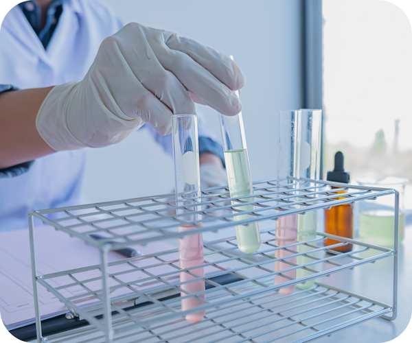 Gloved hand in a lab coat placing a test tube into a rack, indicating water testing or laboratory analysis. Gloved hand in a lab coat placing a test tube into a rack, indicating water testing or laboratory analysis.