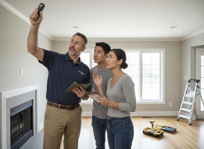 A contractor uses a device to inspect a ceiling, while a young couple observes with concern during a home inspection in an empty room. Home Inspector Checking Ceiling with Concerned Couple