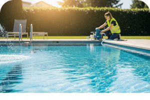 Pool maintenance worker in a yellow safety vest inspecting pool equipment by a sparkling blue swimming pool.