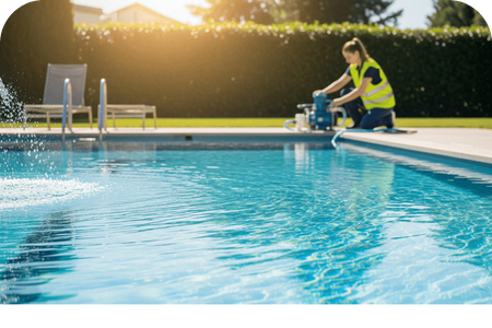Pool maintenance worker in a yellow safety vest inspecting pool equipment by a sparkling blue swimming pool.
