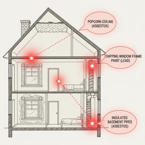 Diagram showing common locations for asbestos and lead in homes built before 1980, such as insulation, ceilings, and paint.