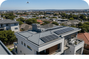 Aerial view of a residential building with solar panels on the roof, with a drone flying above, indicating a drone roof inspection.